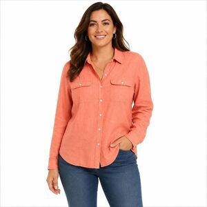 Max Studio Shirt Womens Large Orange Linen Blend Button Front Long Sleeve Top